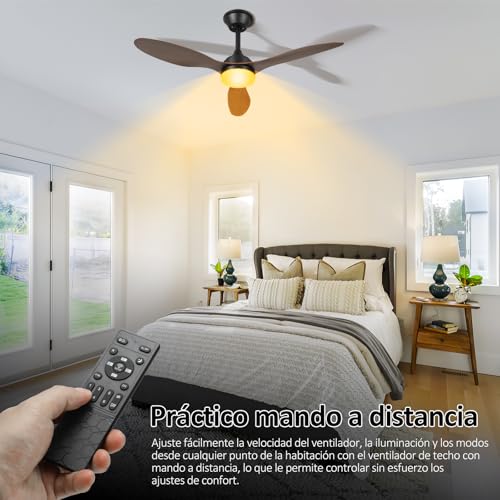 Ventilador de Techo con Luz de 107cm, 42 Inch Ceiling Fan, Color madera negro, Control de aplicaciones móviles con Control Remoto, 6 Velocidades, Luz LED de 3 Colores, 3 Cuchillas, Motor CC Reversible
