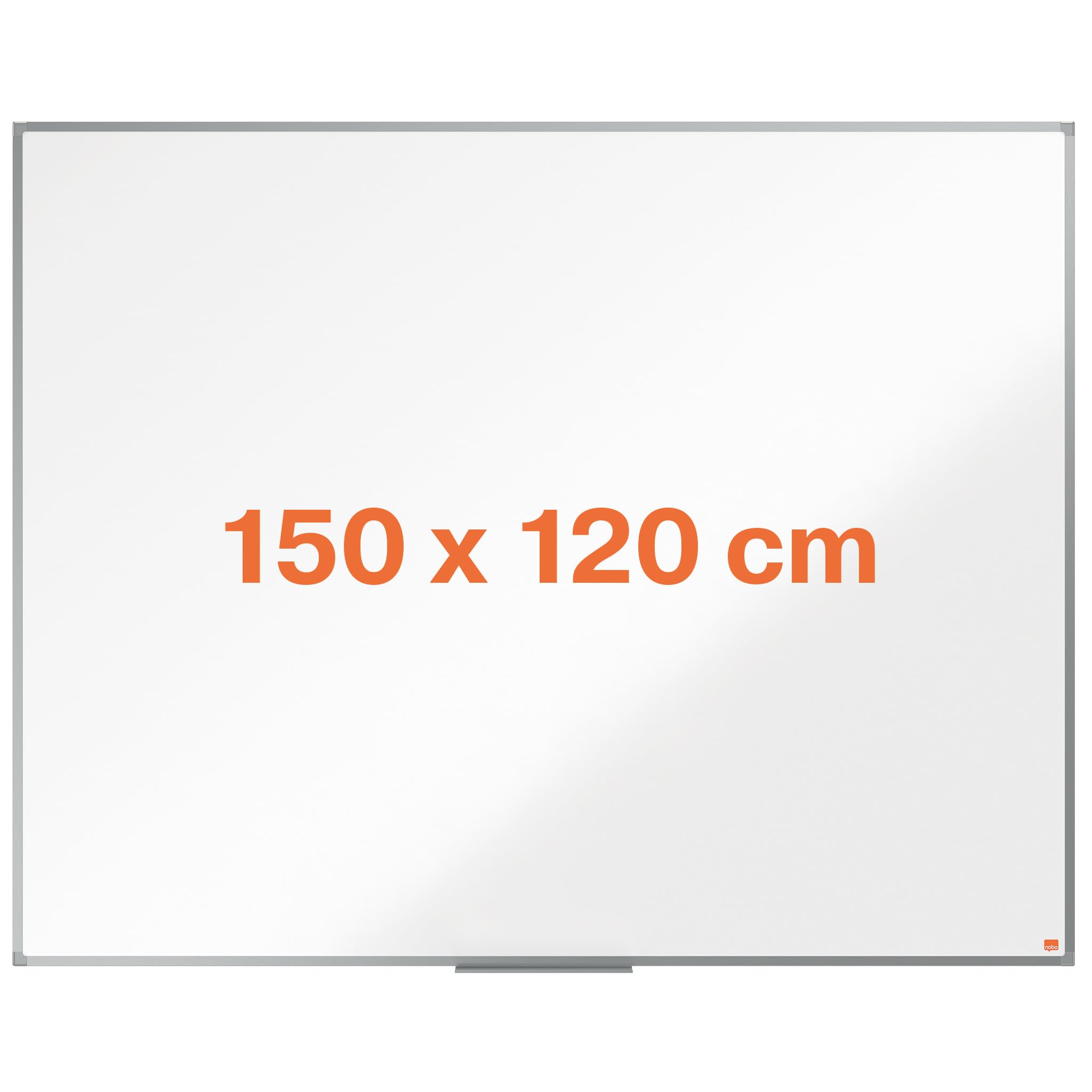 Nobo Steel Magnetic Whiteboard, 1500 x 1200mm, Aluminium Trim, Corner Wall Mounting, Includes Whiteboard Pen Tray, Essence Range, 150 x 120cm, White, 1915487
