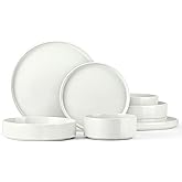 Stoneware Dinnerware Sets for 2, Onader Speckled Plates and Bowls, 8 Pieces Ceramic Dish Dinner Set with Pasta Bowl, Microwave & Dishwasher Safe - Cloud White