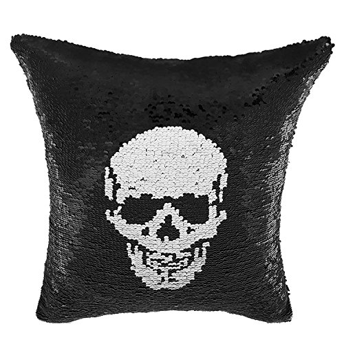 Promstar Mermaid Pillow Case, Magic Reversible Sequin Pillow Cover Throw Cushion Case 16"X16" for Home Decor Skull
