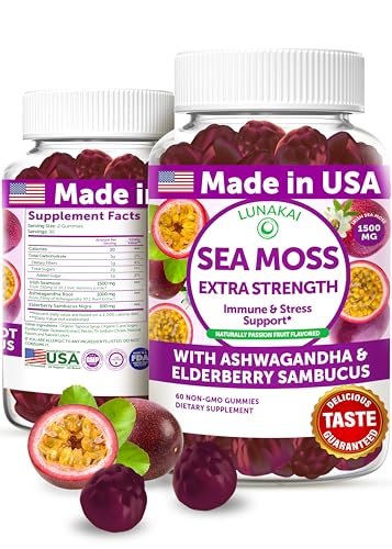 Lunakai USA Made Irish Sea Moss Gummies with Ashwagandha & Elderberry – Delicious Immune & Stress Support Supplement for Men & Women, 60ct