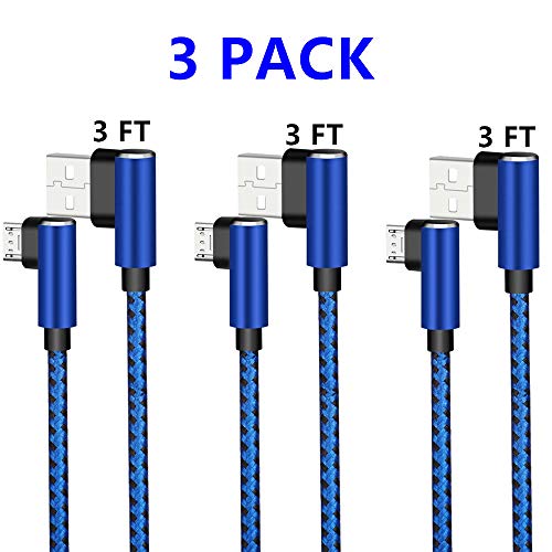 Micro USB 2.0 Android Cable, DECVO Right Angled Fast Charging Cord 90 Degree Reversible One-Sided Micro Connector Braid Compatible with Sumsung Galaxy, Nexus, LG, Motorola More -Blue (3 Pack 3 FT)