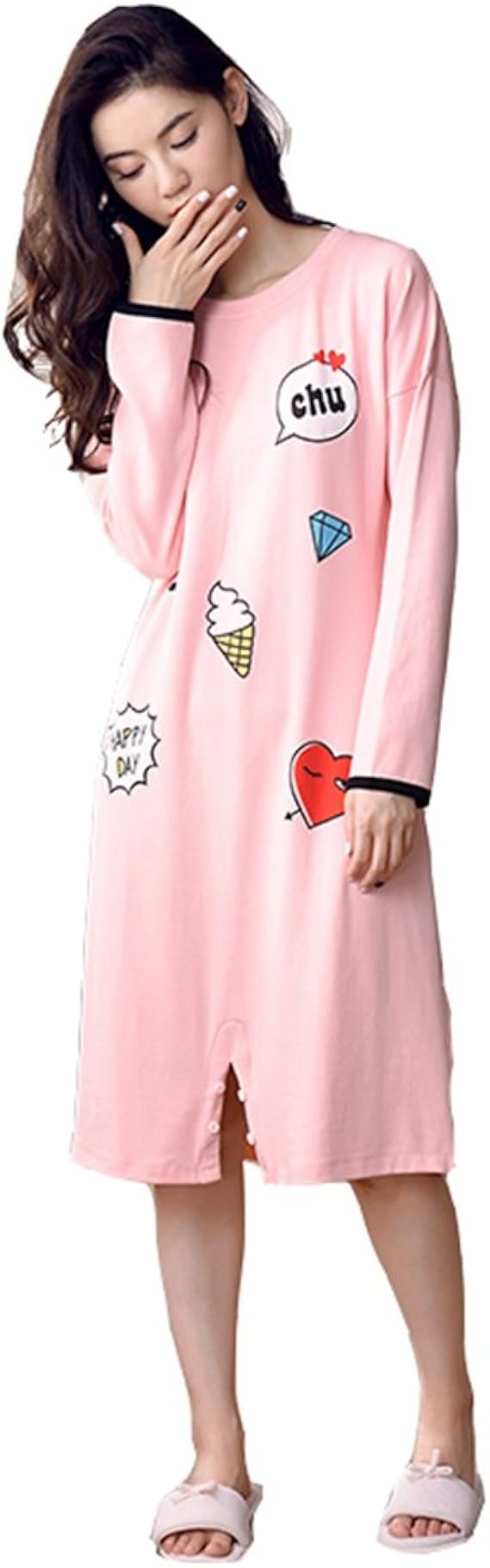 Amazon ラブ屋 部屋着 レディース ワンピース ピンク ナイトウェア 長袖 ルームウェア 可愛い ルームワンピース ネグリジェ 通販