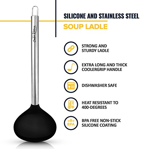 Silicone & Stainless Steel Black 4 Ounce Soup Ladle w/CoolGrip Handle & Flexedge Silicone by Cooler Kitchen (4 Oz)