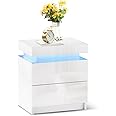 TUKAILAi Modern Nightstand with LED Light, Smart Bedside Table with 2 Drawers and Flip Top Storage Cabinet, High Gloss Side Table End Table for Bedroom (White)