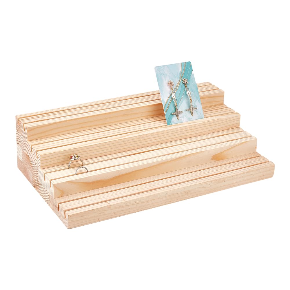 NBEADS 4-Tier Wood Jewelry Display Stand, Wooden Earring Organizer Holder with Grooves Jewelry Showcase Rack for Rings Earring Display Cards Photo Home Decorations