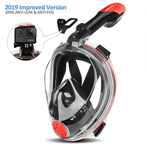 Newest Version Full Face Snorkel Mask Foldable 180 Panoramic View Free Breathing Snorkeling Mask Snorkel Set with Detachable Camera Mount,Anti-Fog Anti-Leak for Adults & Kids (Black red 3.0, S/M)