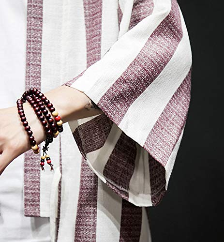 image for LifeHe Men's Kimono Cardigan Robe Pants Suit Japanese Linen Striped Op