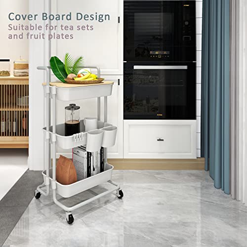 DTK 3 Tier Utility Rolling Cart with Cover Board, Rolling Storage Cart