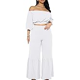 Two Piece Sets for Women Dressy Off Shoulder Crop Tops and Wide Leg Ruffle Pant Set Sexy Outfits