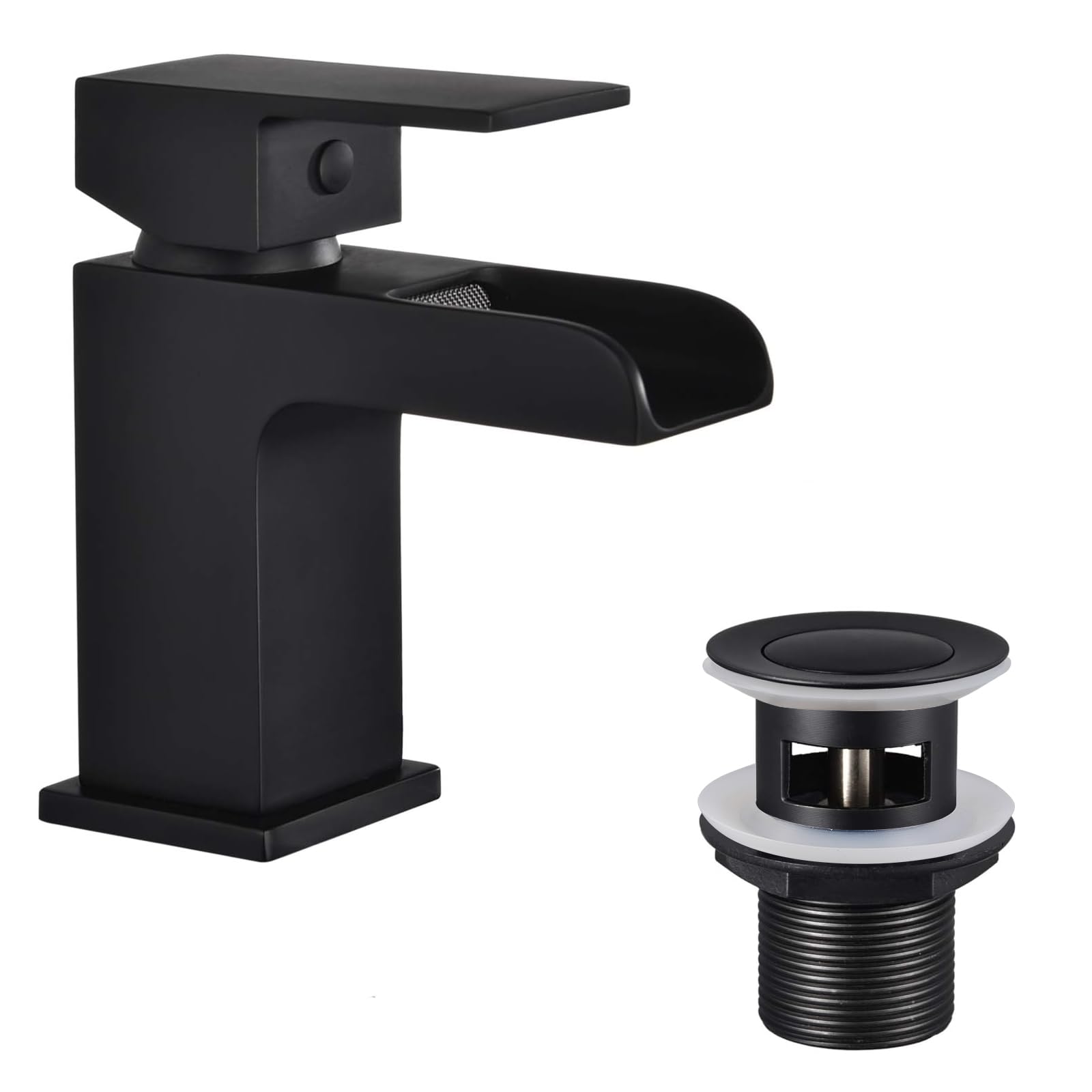Funime Basin Mixer Taps Black Square with Slotted Pop-up Waste Waterfall Bathroom Sink Tap Brass Single Lever G1/2’’ with Hoses Semi-Open Hot and Cold Water Mixers Monobloc Modern
