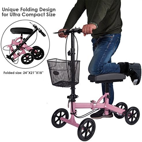 Clevr Adjustable &amp; Lightweight Medical Steerable Knee Walker Roller Scooter | Foldable Handlebars and Frame w/ Dual Brake System &amp; Basket, Crutch Alternative for Foot Injuries - Pink