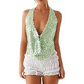 Women Halter Sequin Tank Top Sexy Y2K V Neck Low Cut Sleeveless Backless Vest Coquette Sparkly Summer Club Streetwear