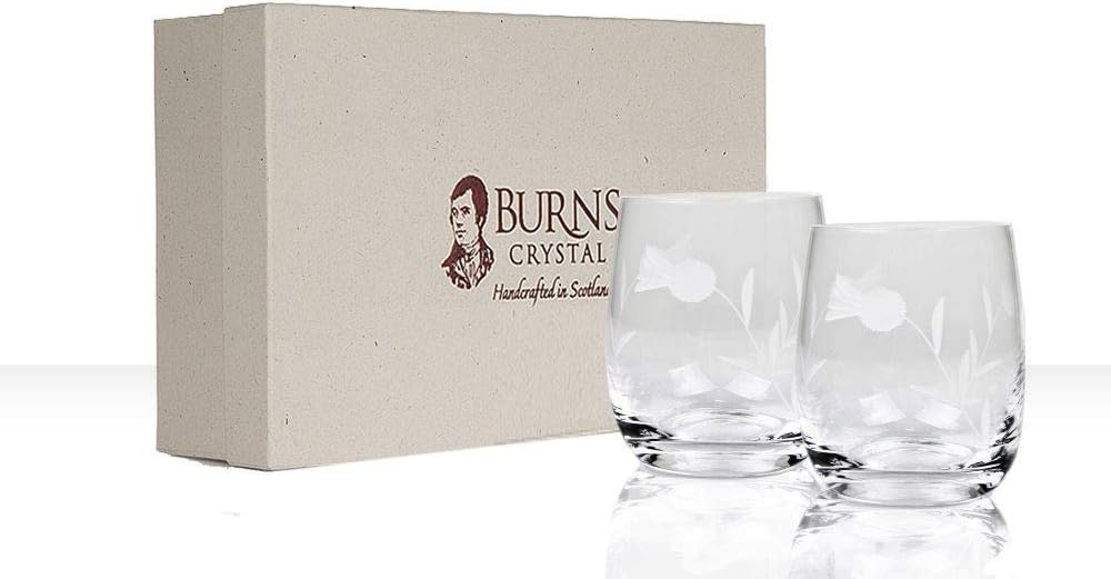 Burns Handcrafted Crystal Flower of Scotland Thistle Whisky Glass Pair