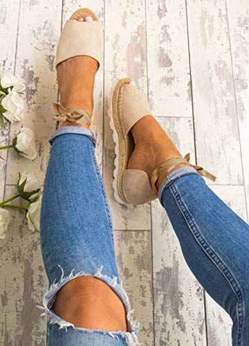 Sunyastor Womens Espadrilles Lace Up Flat Shoes Platform Ankle Strap Wrap Summer Sandals Peep Toe Chunky Holiday Shoes Beige