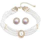 Izpack Wedding Bridal Cultured Pearl Layered Necklace with Cubic Zirconia Crystal Baroque Pearls Stud Earrings Set for Women Adjustable Chain Choker Necklace Elegant Jewelry Gifts for Wife