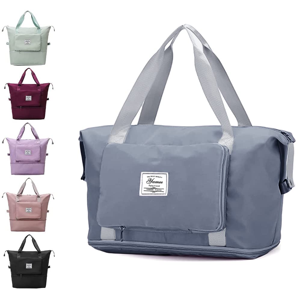 YAMEE Large Capacity Folding Travel Bag, Lightweight Waterproof Carry on Luggage Bags with Fixed Strap, Dry and Wet Separation Foldable Duffel Bag for Weekender Overnight Sports Gym (Blue), One Size