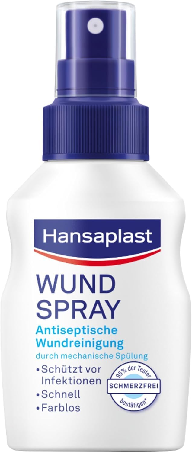 Hansaplast Wundspray (50 ml), zur antiseptischen Wundreinigung durch mechanische Spülung, Spray schützt vor Wundinfektionen, farblos und besonders hautfreundlich