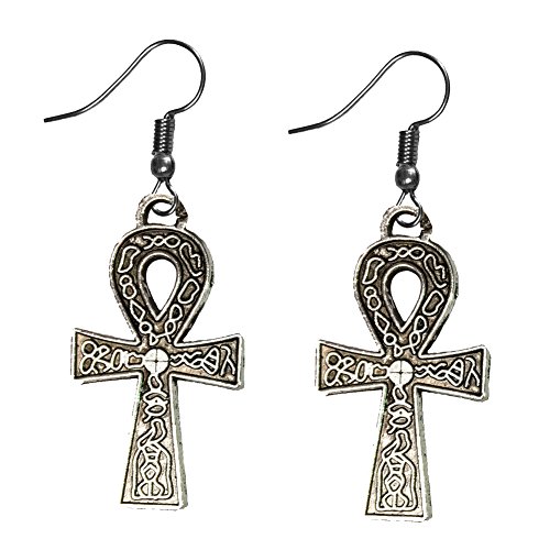 Silver Tone Ankh Egyptian Etched Symbol Earrings