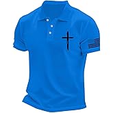 Polo Shirts for Men Christian Cross American Flag Pirnt Golf T-Shirts Summer Short Sleeve Button Down Patriotic Tops