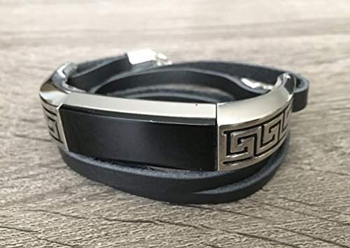 Multi Wrap Black Leather Bracelet For Fitbit Alta & Alta HR Fitness Tracker Replacement Accessory Band Adjustable Size Strap Greek Design Attachment Ends