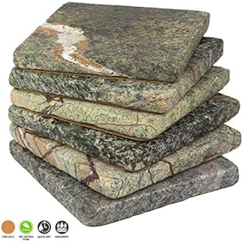 Stella Green Forest Limestone Drink Coasters - Set of 6 - Premium Absorbent Natural Stone