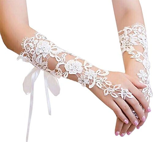 YanLian Lace Fingerless Rhinestone Bridal Gloves for Wedding Party White
