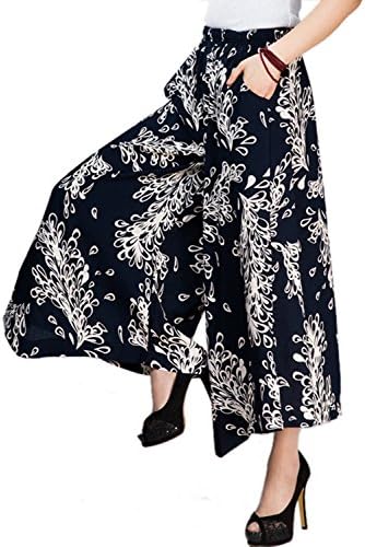 Womens Comfy Elastic Waist Cotton&amp;Linen Floral Culottes Wide Leg Pants Color 14 Size M
