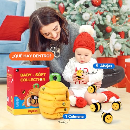 JoyCat Juguetes Bebes 6-12 Meses - Juguetes de Peluche de Abeja con Colmena, Sonajeros, Arrugas, Espejo - Juguetes Sensoriales Montessori para Bebes, Regalo Bebe 1 año