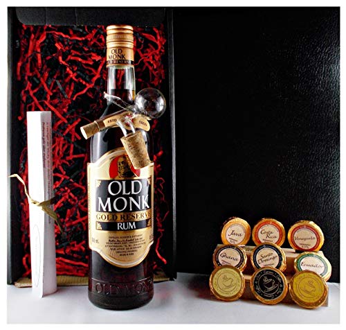 Geschenk Old Monk Gold 12 Jahre Rum + 9 Edel Schokoladen in 9 Sorten + Glaskugelportionierer