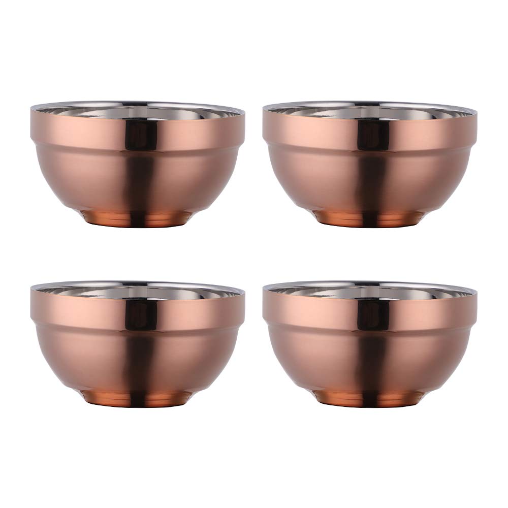Buyer Star Stainless Steel Bowls for 4, Double- Walled Metal Soup Bowls Cereal Bowls, Heavy Duty Vacuum Rice Bowls Servie for Cereal, Soup, Salad, Noodles, Snacks (13 oz) -Rose Gold