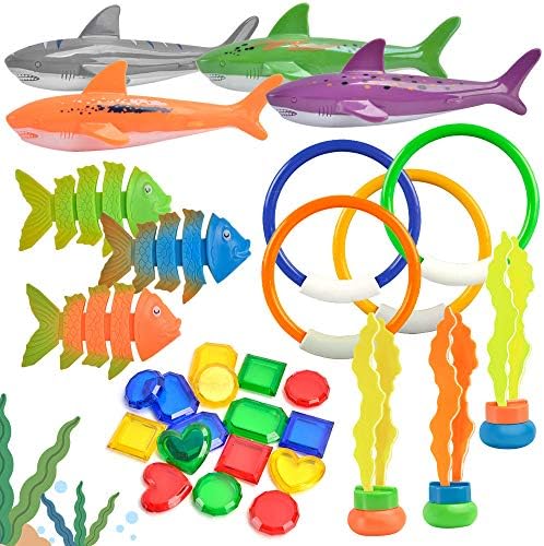 CycleMore 30 Pack Diving Toy Set for Fun Underwater Swimming/Diving Pool Toys, Includes 4 Diving Rings, 4 Torpedo Bandits, 3 Diving Fishes, 3 Seaweed, 16 Treasures, Great Training Gift for Boys Girls
