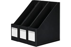 HUAPRINT Black Magazine Holder,Cardboard Magazine File Holder (Pack of 3),Magazine Organizer Box,with Labels