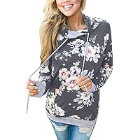 NEWCOSPLAY Women Hoodies-Tops Floral Printed Long Sleeve Drawstring Sweatshirt with Pocket (M, 0552Dark Grey)