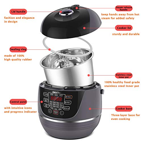 Dezin Electric Pressure Cooker 6 Qt 10-in-1 Programmable Pressure Cooker, Slow Cooker, Rice Cooker, Sauté, Yogurt, Cakes, Hot Pot, Steamer, Warmer, and Sterilizer with Stainless Steel Pot, Steam Rack - Thumbnail 4