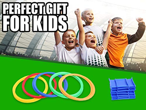 Hopscotch Ring Game - 13 inch - Best Outside Toys to Play for Boys Girls and Kids. 10 Pieces Multi-Colored Plastic Rings and 15 Connectors. Fun Indoor, Outdoor, Summer, Beach, Church and School