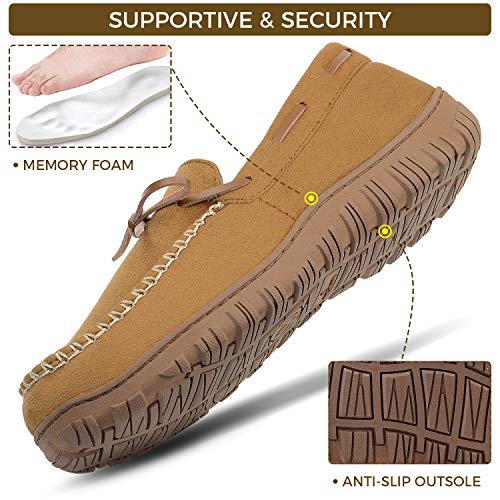 Mens Moccasin Slippers Memory Foam Slippers Men House Slippers for Men Indoor Outdoor Mens Cozy Slippers with Rubber Soles Beige Size 8