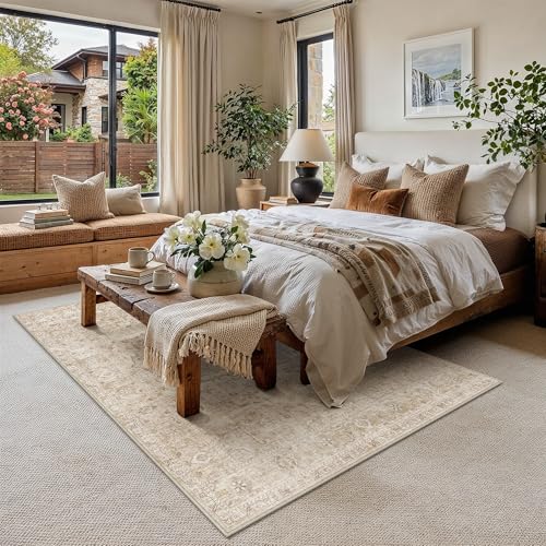 PureCozy Vintage Alfombra Salon 200x300cm Beige Habitacion Alfombras Lavable Antideslizante Dormitorio Grande Tapete Sala Comedor Oficina Interior Pelo Corto Rug Carpet