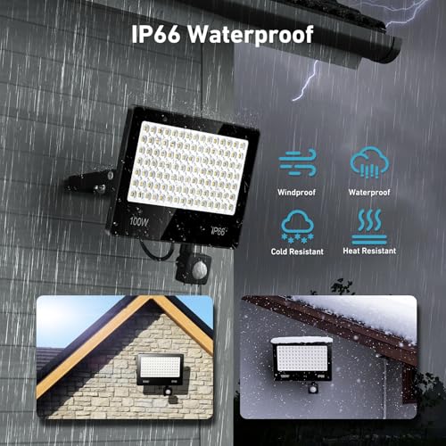 LAMLAMCK LED Spotlight with Motion Sensor 100W – 2 Pieces 10000LM 6500K White Outdoor LED Spotlights with Motion Sensor, IP66 Waterproof Outdoor Projector for Patio, Garden, Walkway, Garage