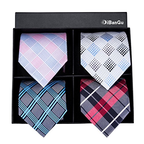 DiBanGu Men's Plaid Tie Silk Formal Woven Necktie Set Check Business
