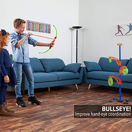Sport Squad Bullseye Bash Magnetic Target Practice Game - Perfect Nerf Target for Shooting Practice - Includes Bow and Arrow for Kids and Flying Discs - Archery Toy Set for Boys and Girls