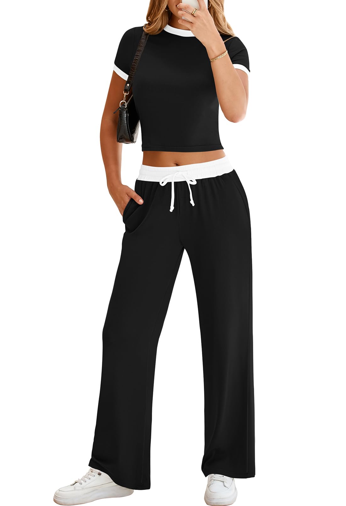 Photo 1 of Pink Queen Women's Two Piece Outfits Loungewear Set Color Block Short Sleeve Pullover Tops Empire Waisted Wide Legs Pants Sweatsuits Sets Black L
