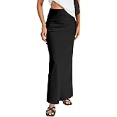 Vrtige Women's Elegant Silk Satin Elastic High Waist Zipper Flowy A Line Long Maxi Skirt Plain Black-1 Large