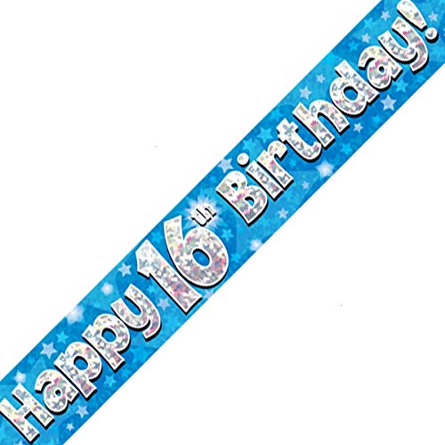 British Ballet® 16th Happy Birthday Banner (2.7m x 13cm) • Cool Party Decoration • Age 16 Foil Pennant • 3 x 90cm Banners • Indoor & Outdoor Use • Blue Birthday Banner for Teens