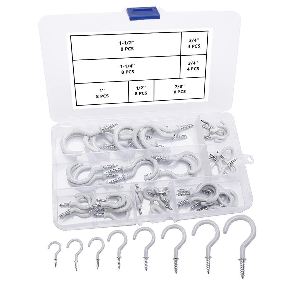 VooGenzek 48 PCS Hook Screws, Screw in Ceiling Hooks, Coated Cup Hooks with Protective Cover, Vinyl Coated Ceiling Screw Hooks, 6 Sizes - White