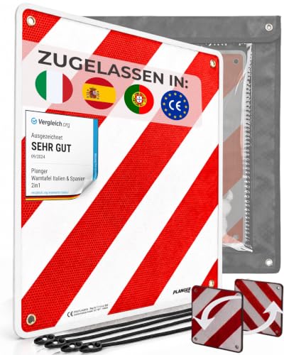 PLANGER® Warning Sign for Italy and Spain, 2-in-1, 50 x 50 cm Reflective Warning Sign, Red and White, for Rear Carrier and Bicycle Carrier