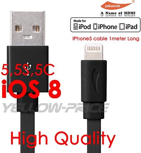 [Apple MFi Certified] iPhone 5 &amp; 6 Flat Lightning Cord Charging Cable byYellowknife (TM) - SmartCharge Technology Accelerates Charging and Syncing Speeds (Black)