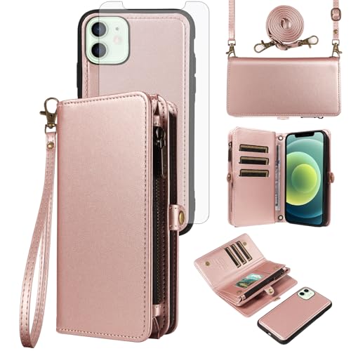 Phone Case for iPhone 12 Pro iPhone12 6.1 Zipper Wallet Detachable Cell Cover with Tempered Glass Screen Protector Crossbody Lanyard Strap Flip Card Holder Slot iPhone12pro 5G i 12s 12pro Rose Gold