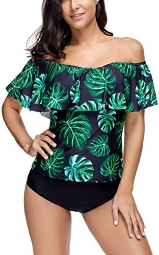 Memory baby Women's Swimsuit Two Piece Leaf Printed Off Shoulder Flounce Bathing Suit