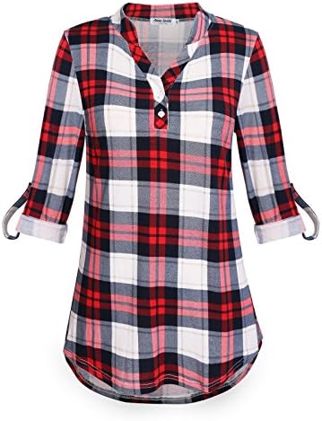 Anna Smith Womens Cuffed Sleeve V Neck Plaid Shirt Casual Pullover Tunic Blouses